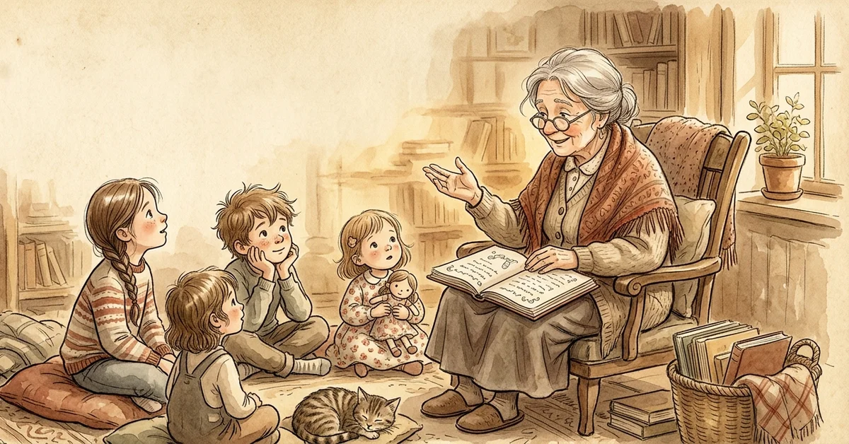 Ilustración de una abuela leyéndole un cuento a cuatro niños, con un gato dormido a sus pies